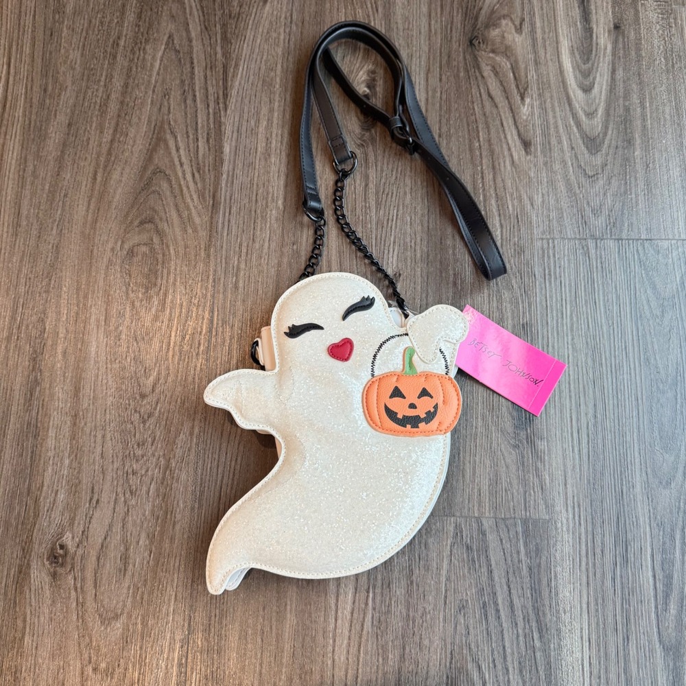NWT Betsey Johnson XOGHOSTY White Glitter Ghost Pumpkin Crossbody Bag BM22535
